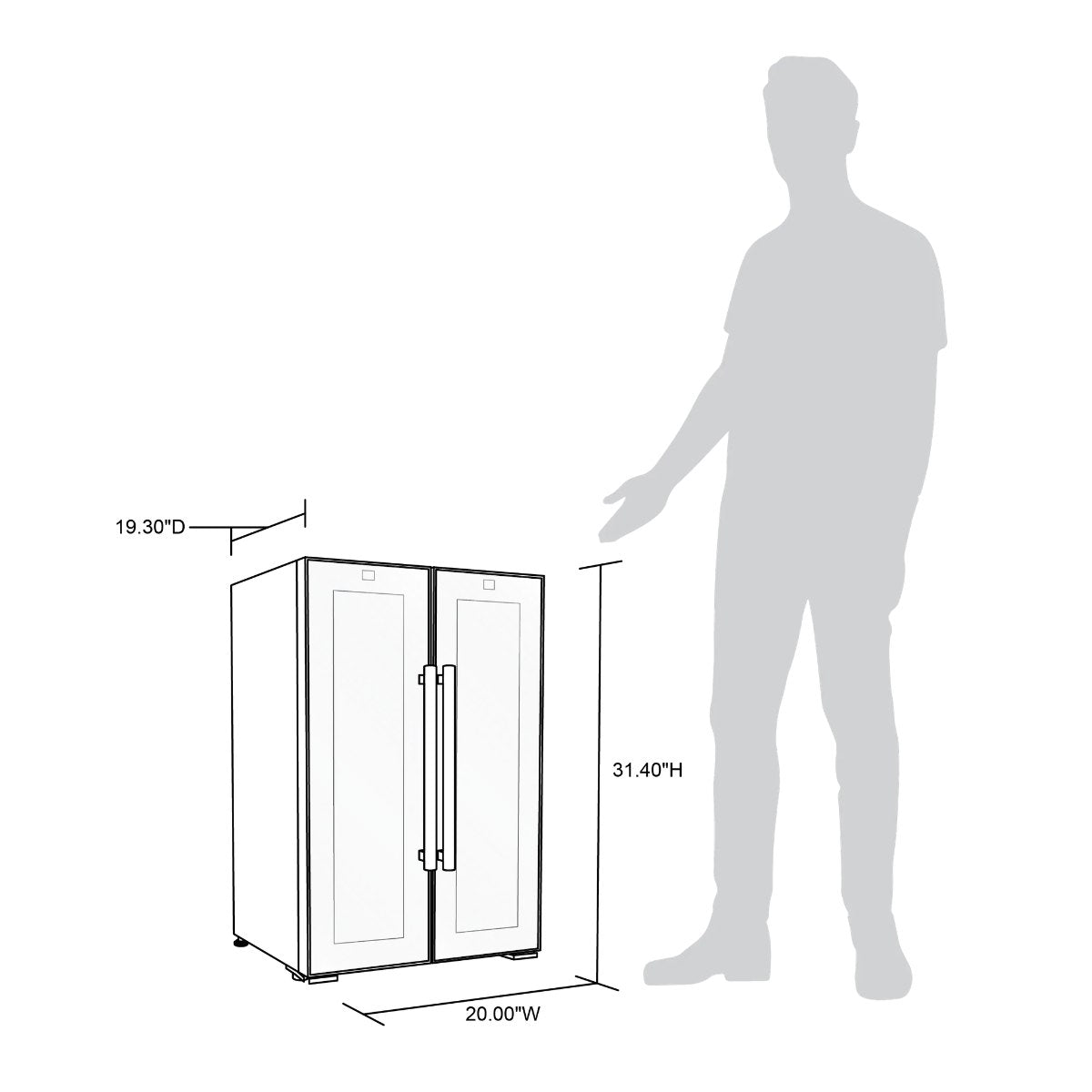 Luma Comfort 39 Can 12 Bottle Shadow Series Dual Zone Fridge – 20" - Dimensions of the Fridge with Comparison to a human height