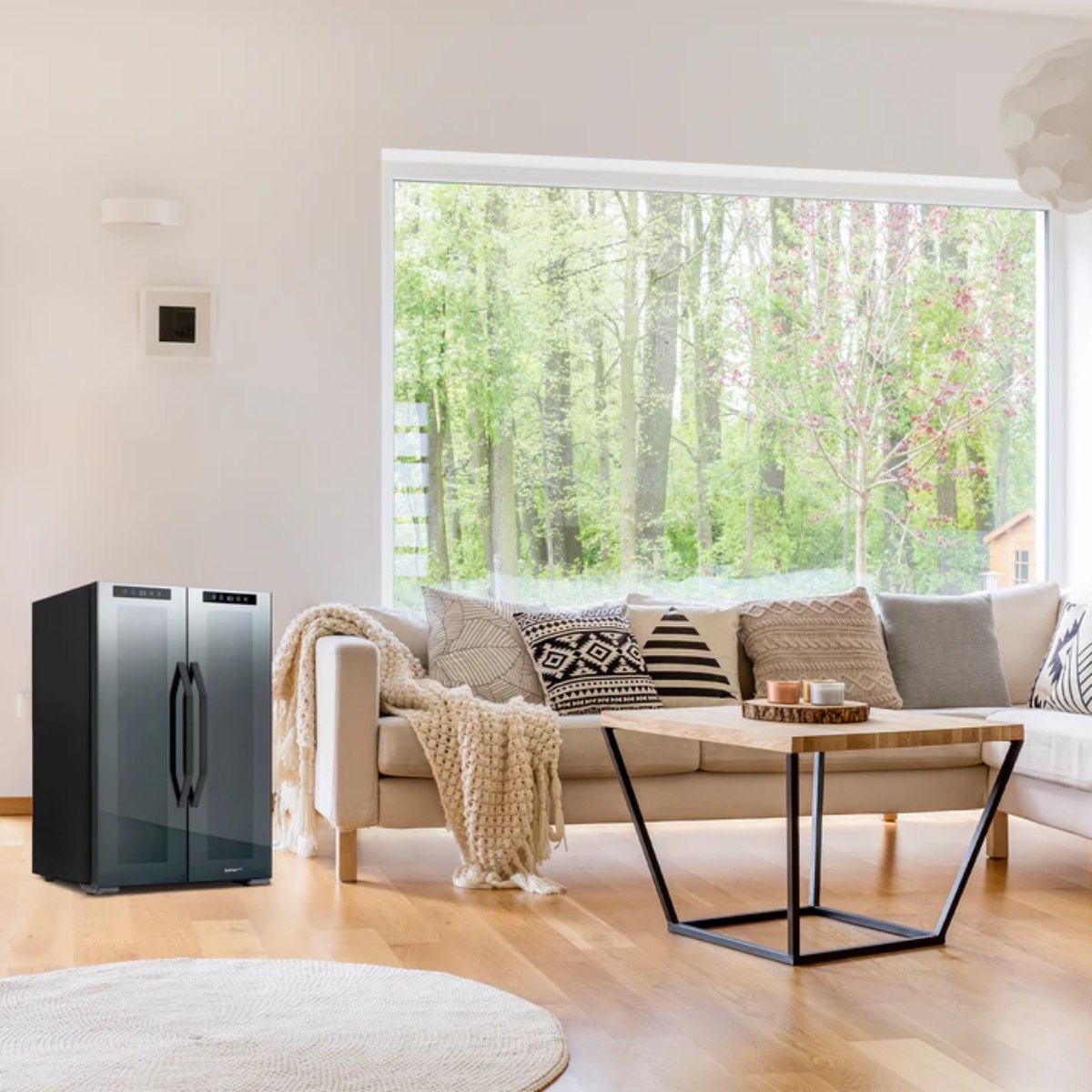 Luma Comfort 39 Can 12 Bottle Shadow Series Dual Zone Fridge – 20" - Fridge shown in the Living Room - Front Left View