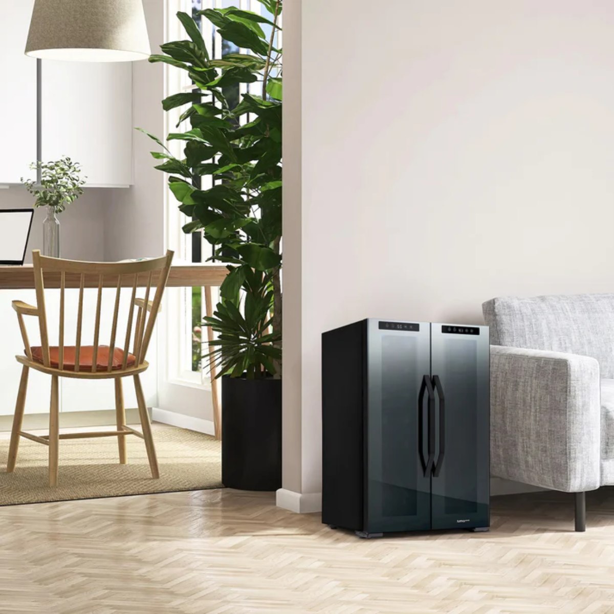 Luma Comfort 39 Can 12 Bottle Shadow Series Dual Zone Fridge – 20" - Fridge shown in the Living Room Beside the Couch