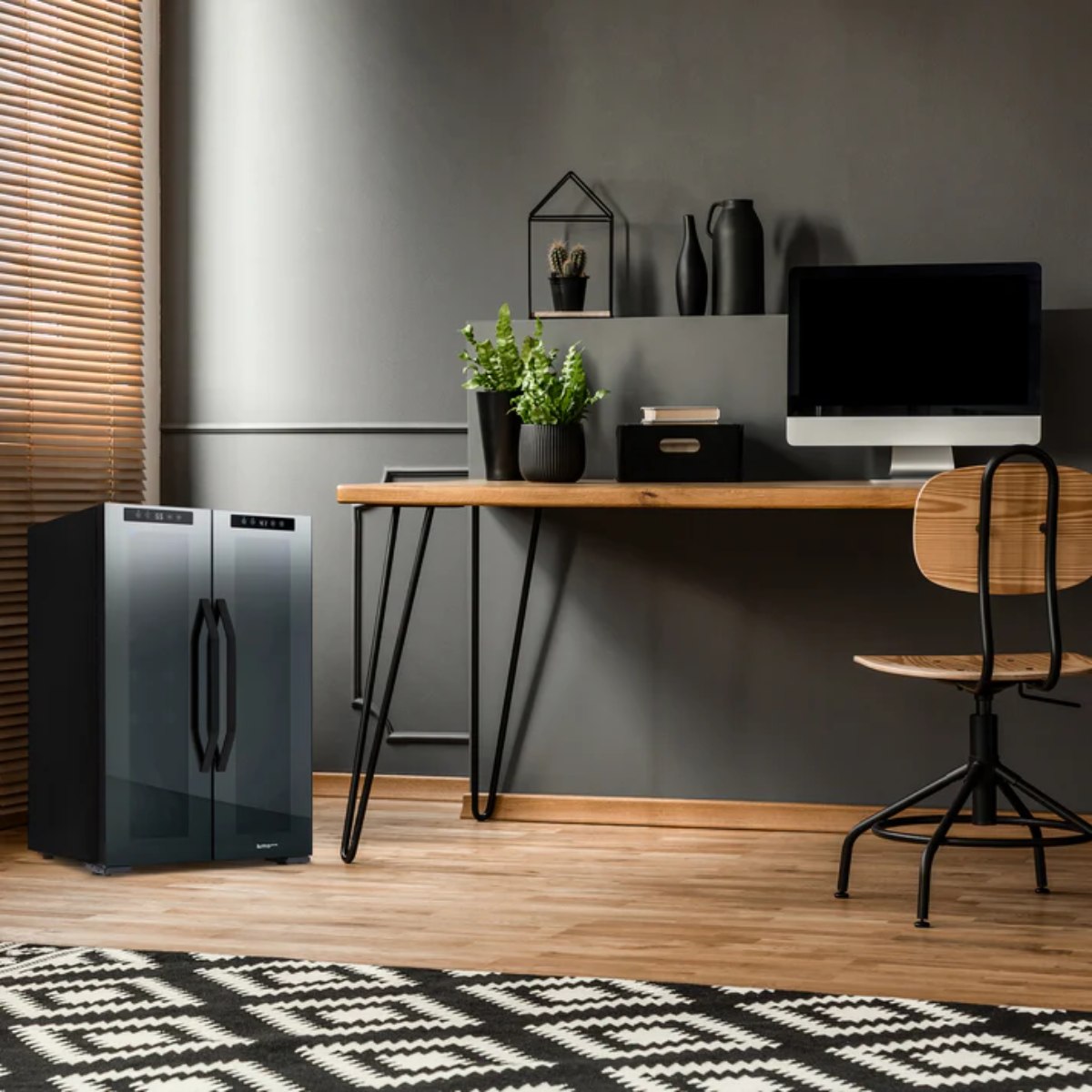 Luma Comfort 39 Can 12 Bottle Shadow Series Dual Zone Fridge – 20" - Fridge shown in the Ofiice Room - Front Left View