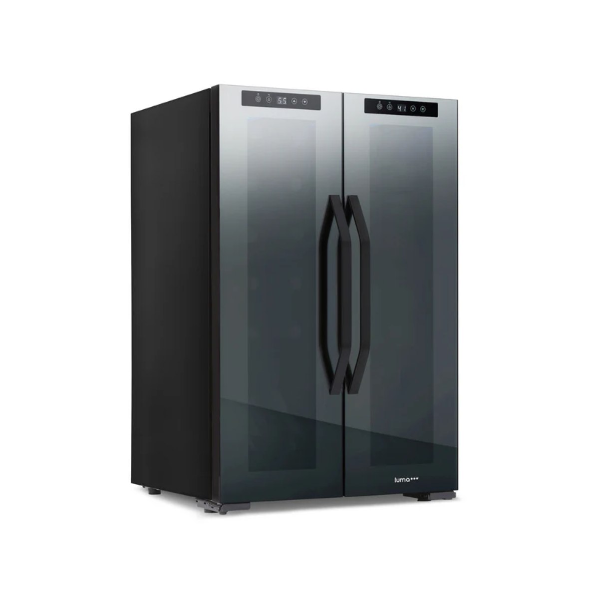 Luma Comfort 39 Can 12 Bottle Shadow Series Dual Zone Fridge – 20" - Front Left View - Loaded Fridge - Closed Doors