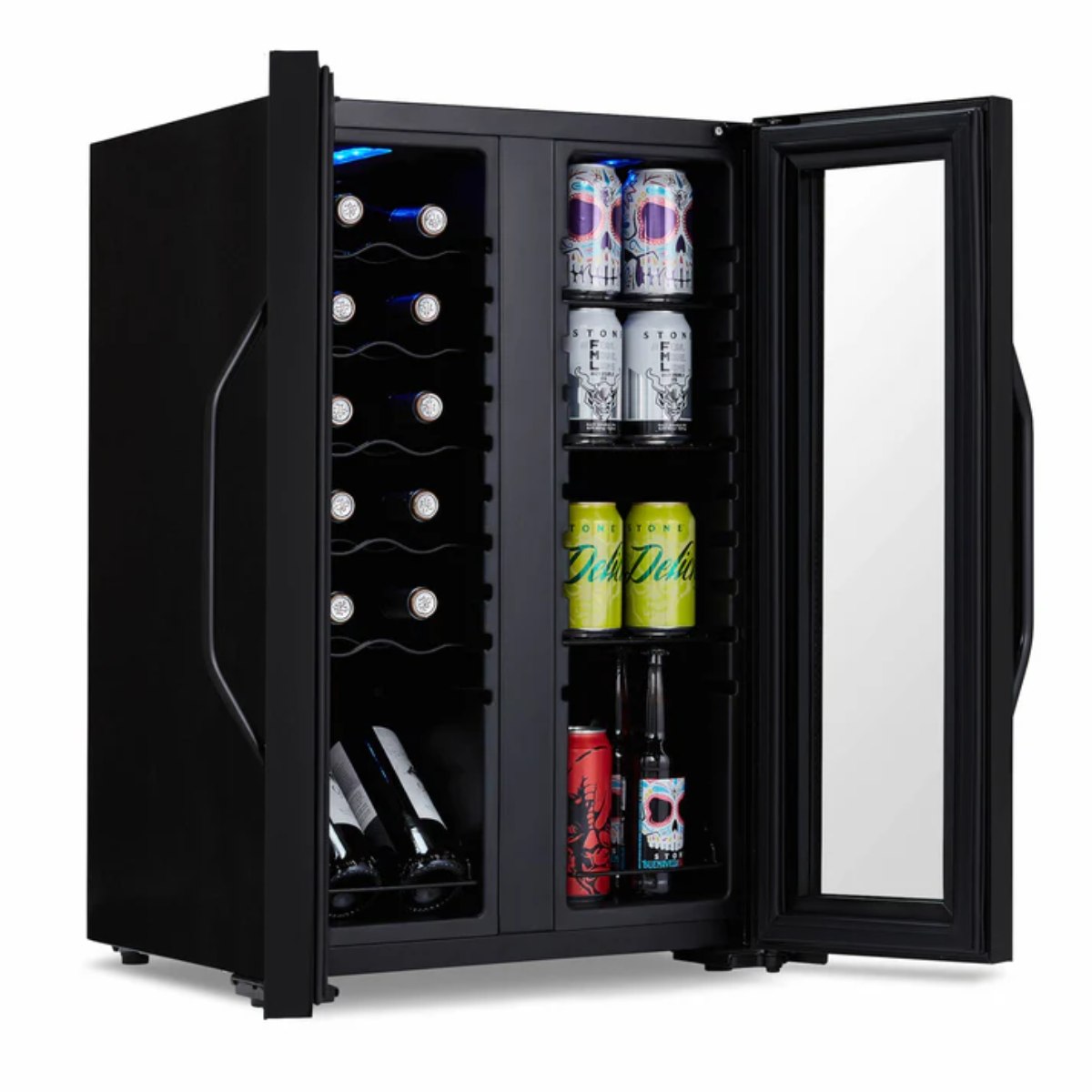 Luma Comfort 39 Can 12 Bottle Shadow Series Dual Zone Fridge – 20" - Front Left View - Loaded Fridge - Open Doors