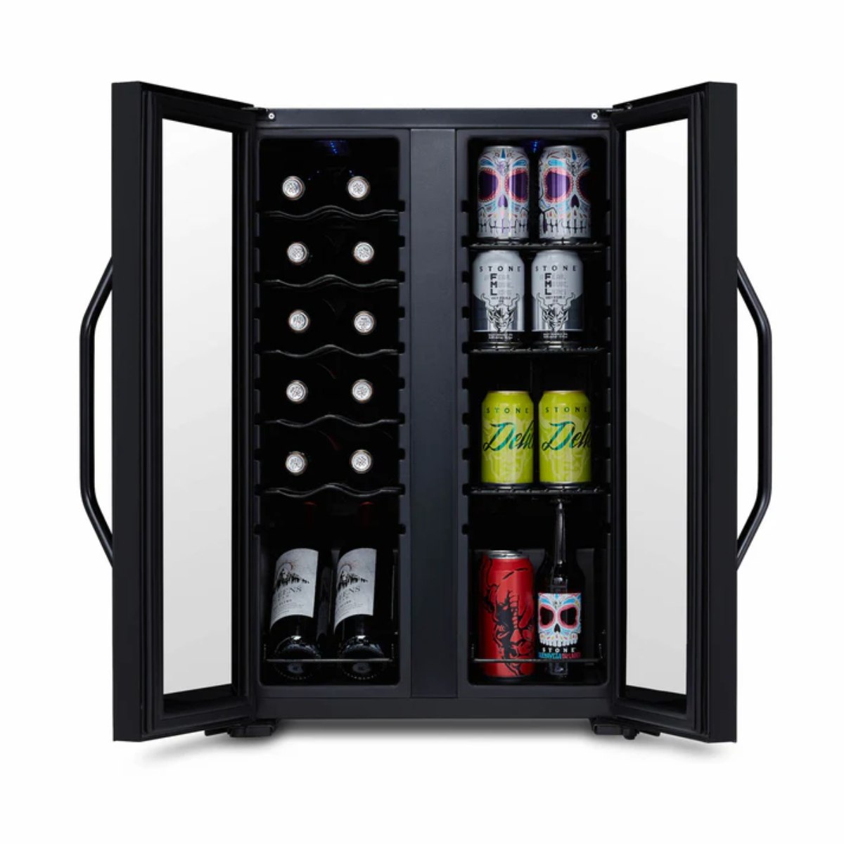 Luma Comfort 39 Can 12 Bottle Shadow Series Dual Zone Fridge – 20" - Front View - Loaded Fridge - Open Doors