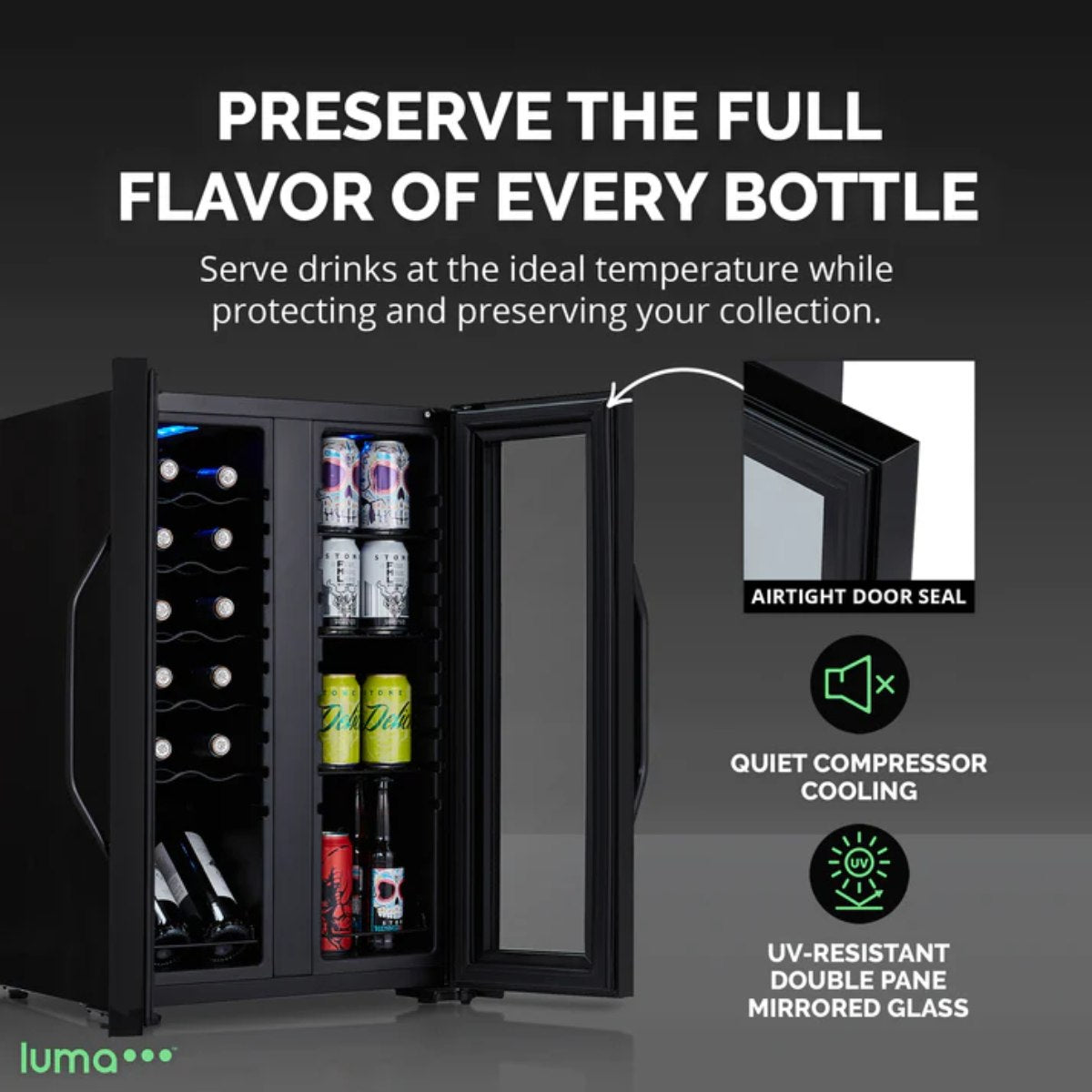 Luma Comfort 39 Can 12 Bottle Shadow Series Dual Zone Fridge – 20" - Preserve the full Flavor of every bottle