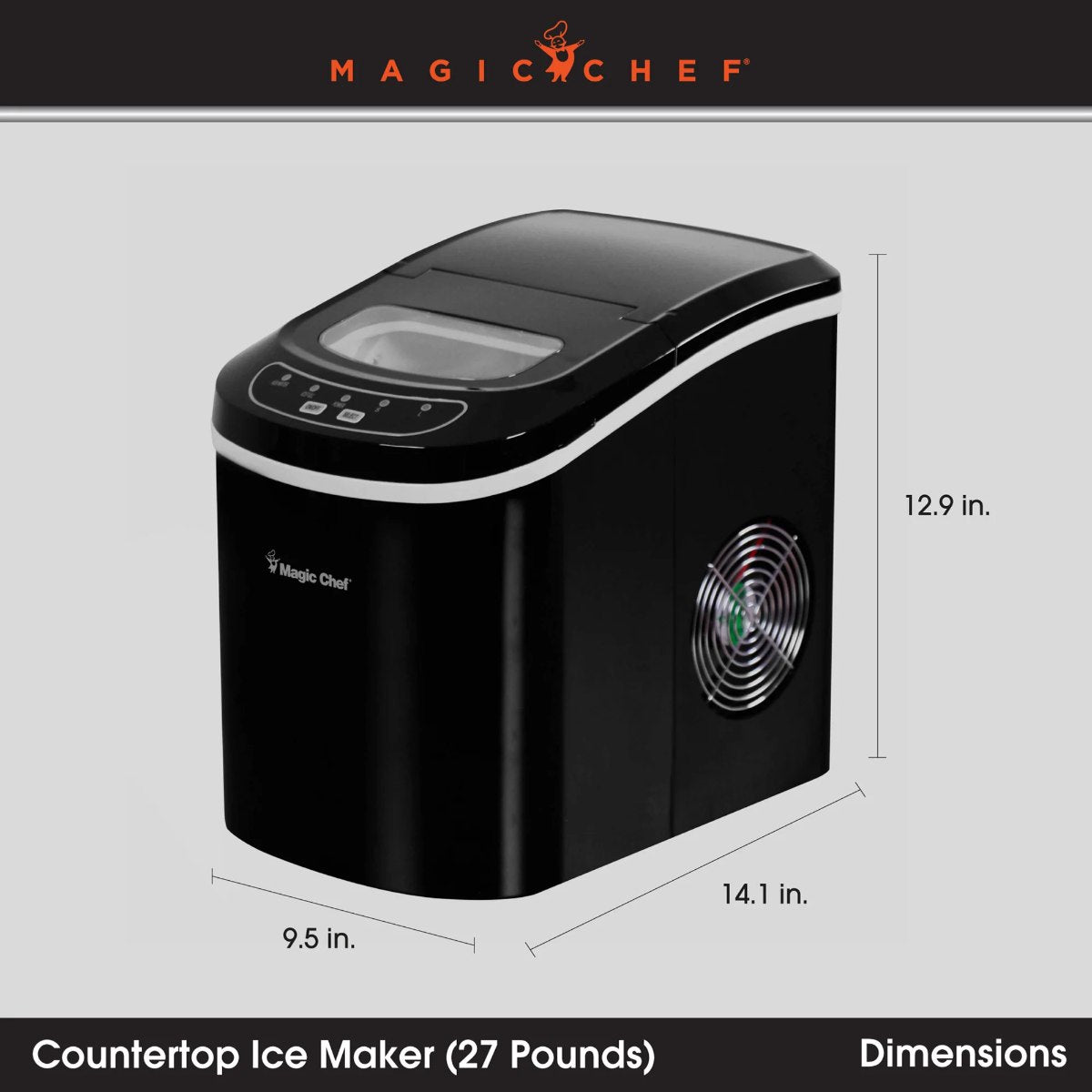 Magic Chef 27 lb. Portable Countertop Ice Maker in Black - dimensions of the ice maker shown