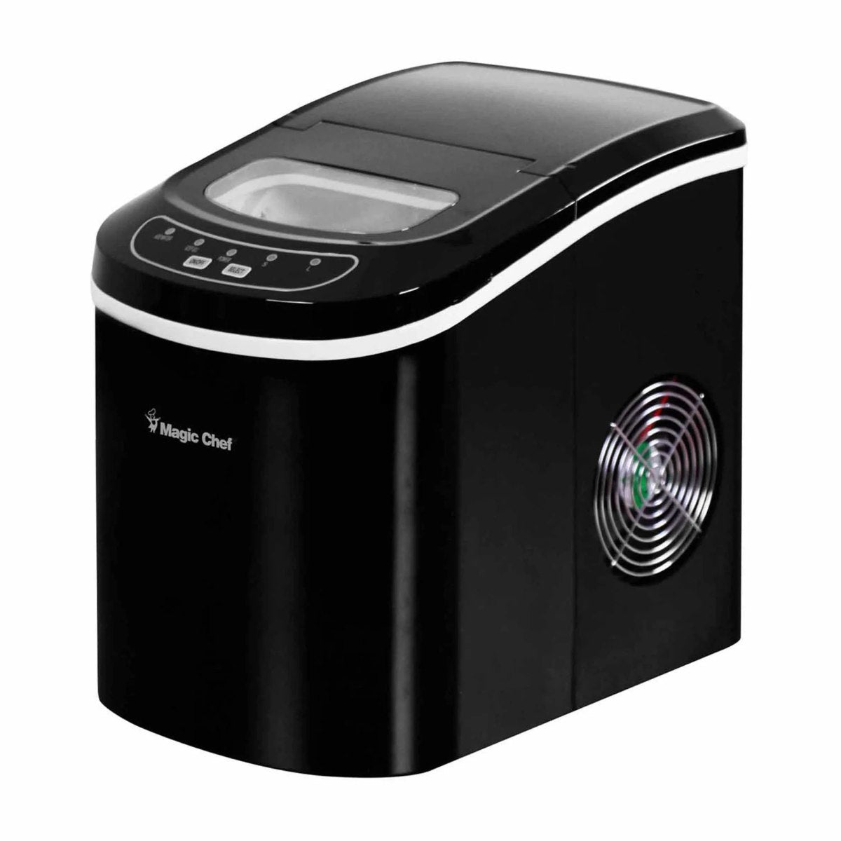 Magic Chef 27 lb. Portable Countertop Ice Maker in Black - front right of the ice maker exhaust shown
