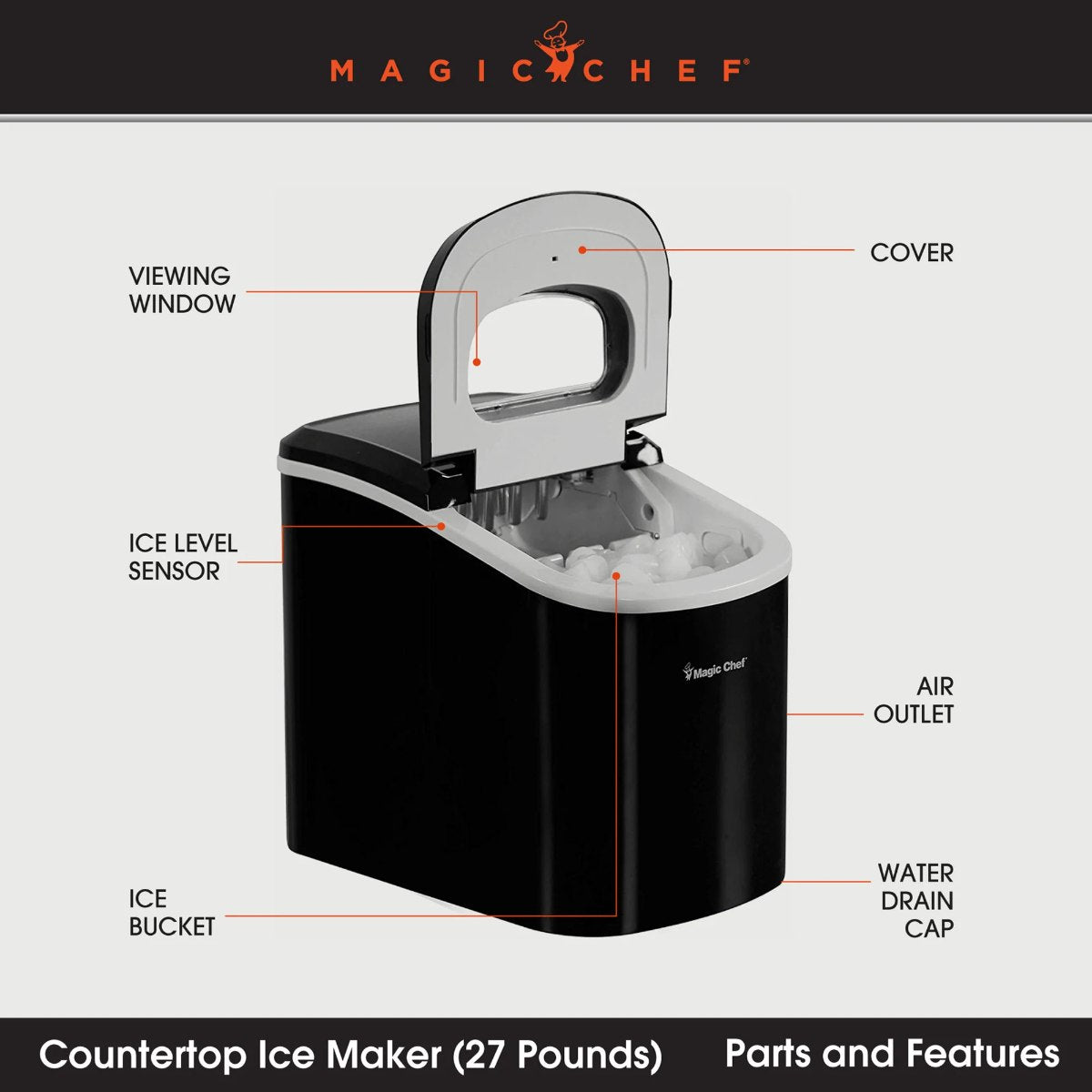 Magic Chef 27 lb. Portable Countertop Ice Maker in Black - parts and features shown