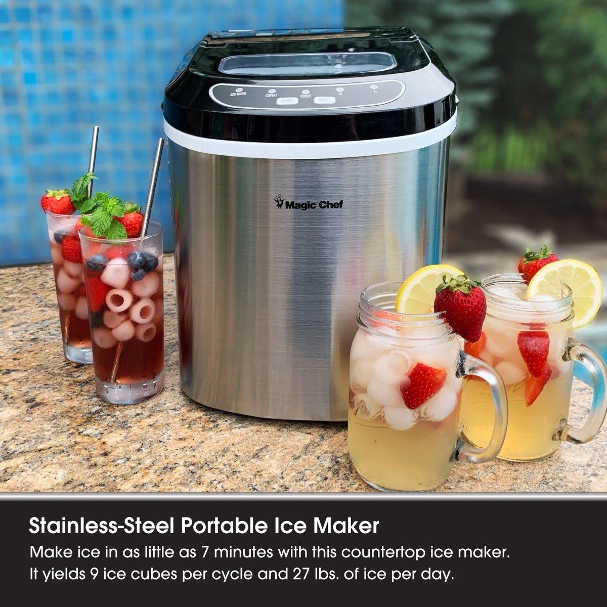 Magic Chef 27 lb. Portable Countertop Ice Maker in Stainless Steel - make ice in 7 minutes 9 ice cubes per cycle