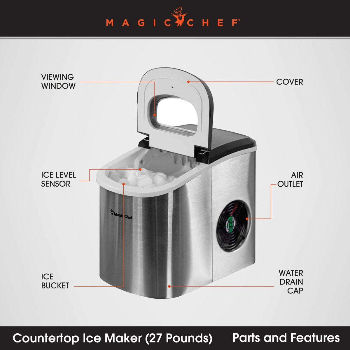 Magic Chef 27 lb. Portable Countertop Ice Maker in Stainless Steel - parts and features shown