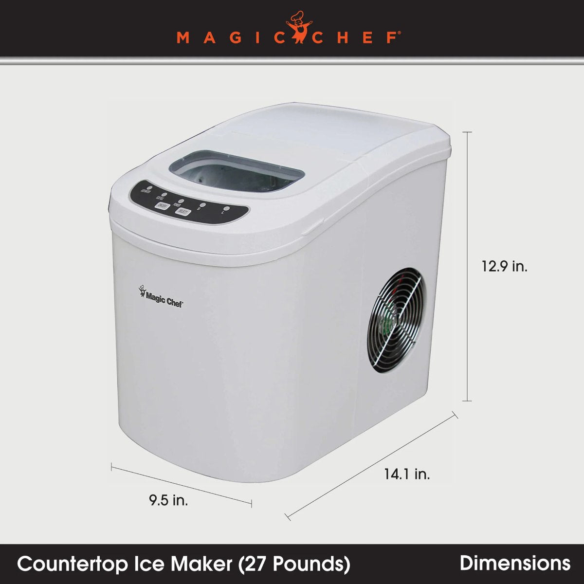 Magic Chef 27 lb. Portable Countertop Ice Maker in White - dimensions of the ice maker shown