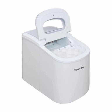 Magic Chef 27 lb. Portable Countertop Ice Maker in White - front left view open lid with ice inside