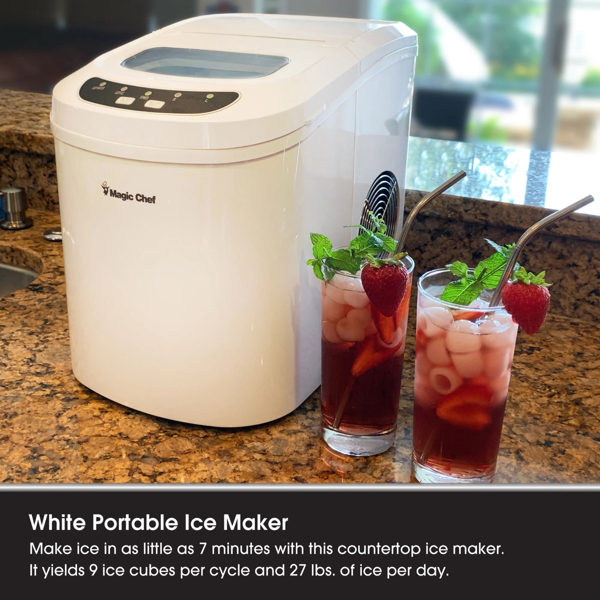 Magic Chef 27 lb. Portable Countertop Ice Maker in White - makes ice in 7 minutes 9 cubes per cycle