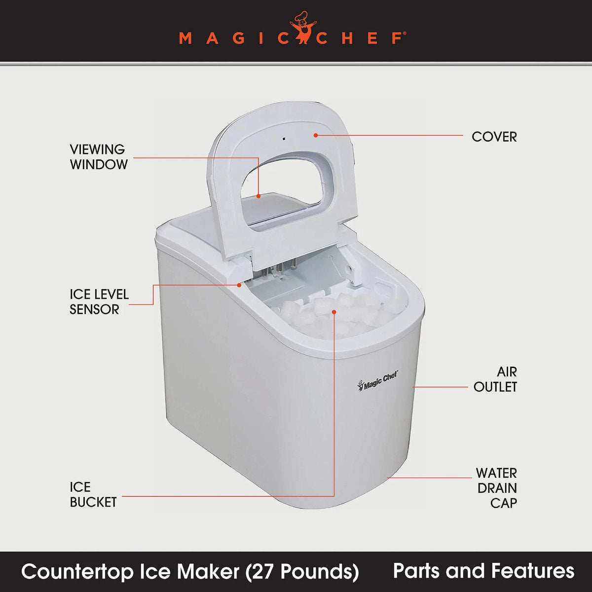 Magic Chef 27 lb. Portable Countertop Ice Maker in White - parts and features shown