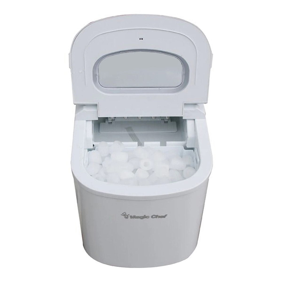 Magic Chef 27 lb. Portable Countertop Ice Maker in White - top view open lid with ice