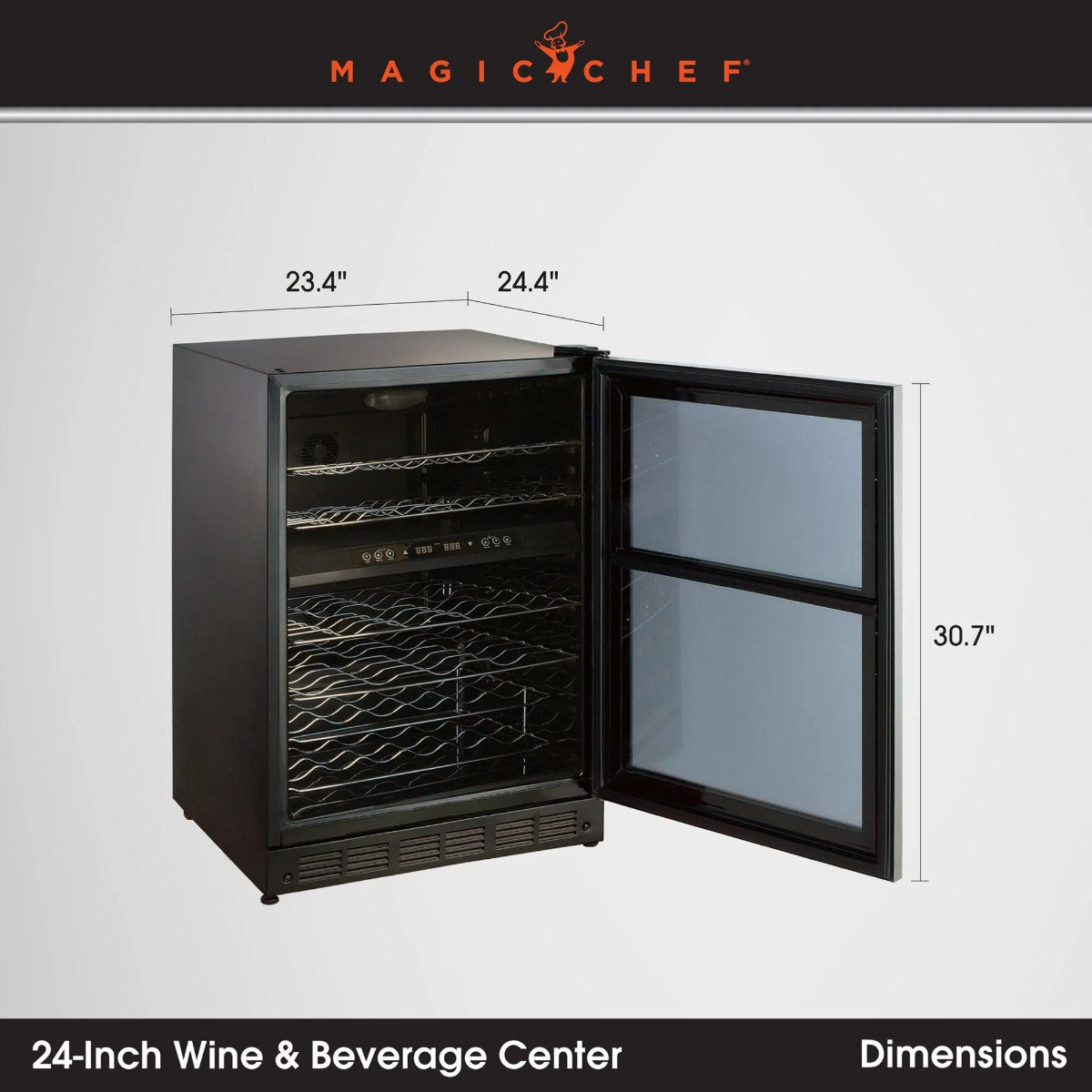 Magic Chef 44 Bottle / 140 Can Dual Zone Wine and Beverage Cooler - dimensions of the fridge shown