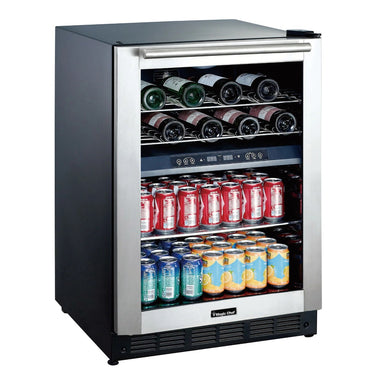 Magic Chef 44 Bottle / 140 Can Dual Zone Wine and Beverage Cooler - front left view with cans and wines inside closed fridge