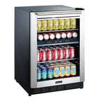 Magic Chef 44 Bottle / 140 Can Dual Zone Wine and Beverage Cooler - front left view with cans inside closed fridge