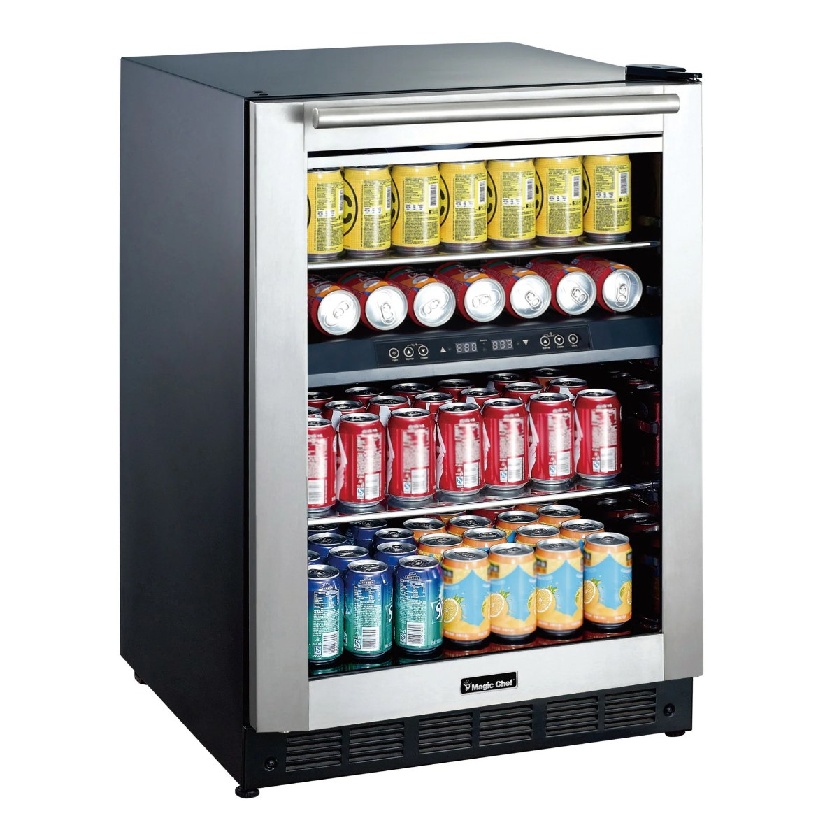 Magic Chef 44 Bottle / 140 Can Dual Zone Wine and Beverage Cooler - front left view with cans inside closed fridge