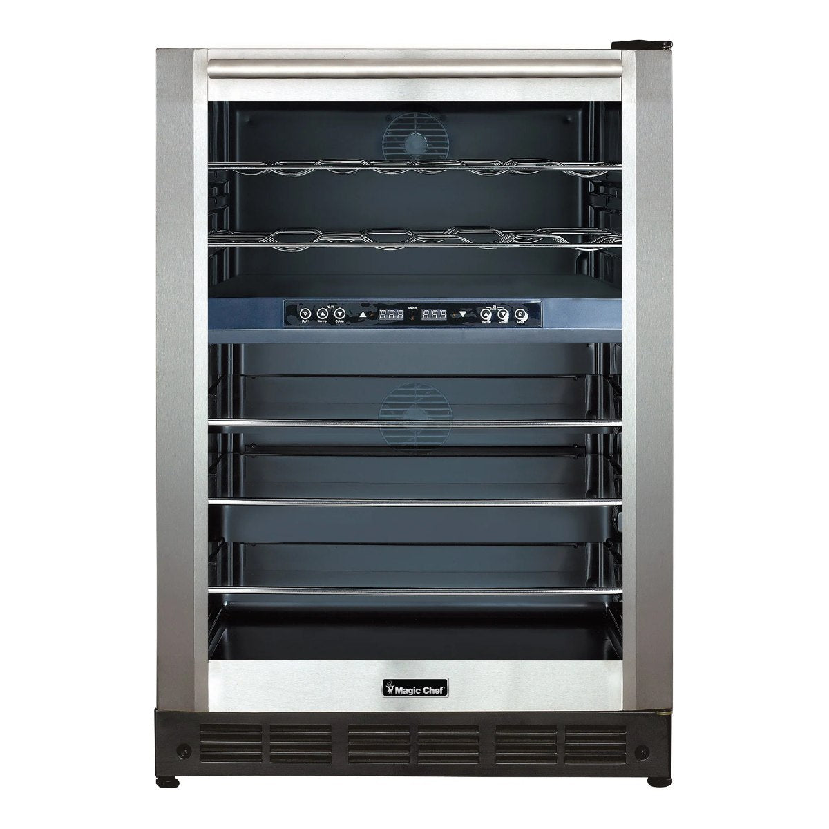Magic Chef 44 Bottle / 140 Can Dual Zone Wine and Beverage Cooler - front view empty inside closed fridge