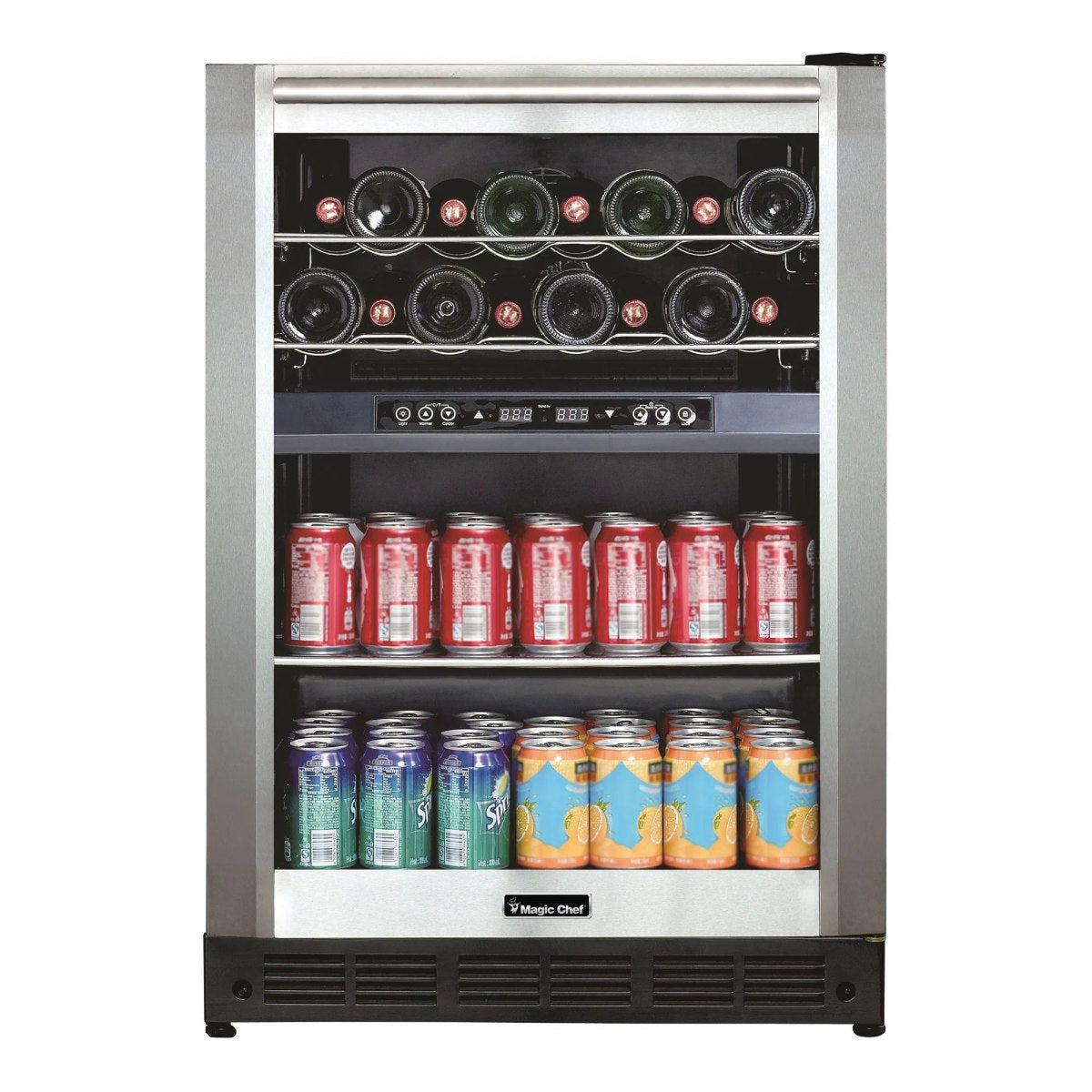 Magic Chef 44 Bottle / 140 Can Dual Zone Wine and Beverage Cooler - front view with beverage cans and wines inside closed fridge