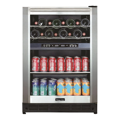 Magic Chef 44 Bottle / 140 Can Dual Zone Wine and Beverage Cooler - front view with beverage cans and wines inside closed fridge