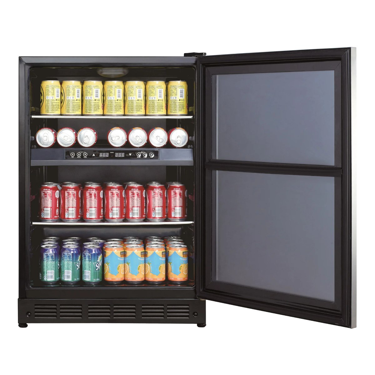 Magic Chef 44 Bottle / 140 Can Dual Zone Wine and Beverage Cooler - front view with beverage cans inside open fridge