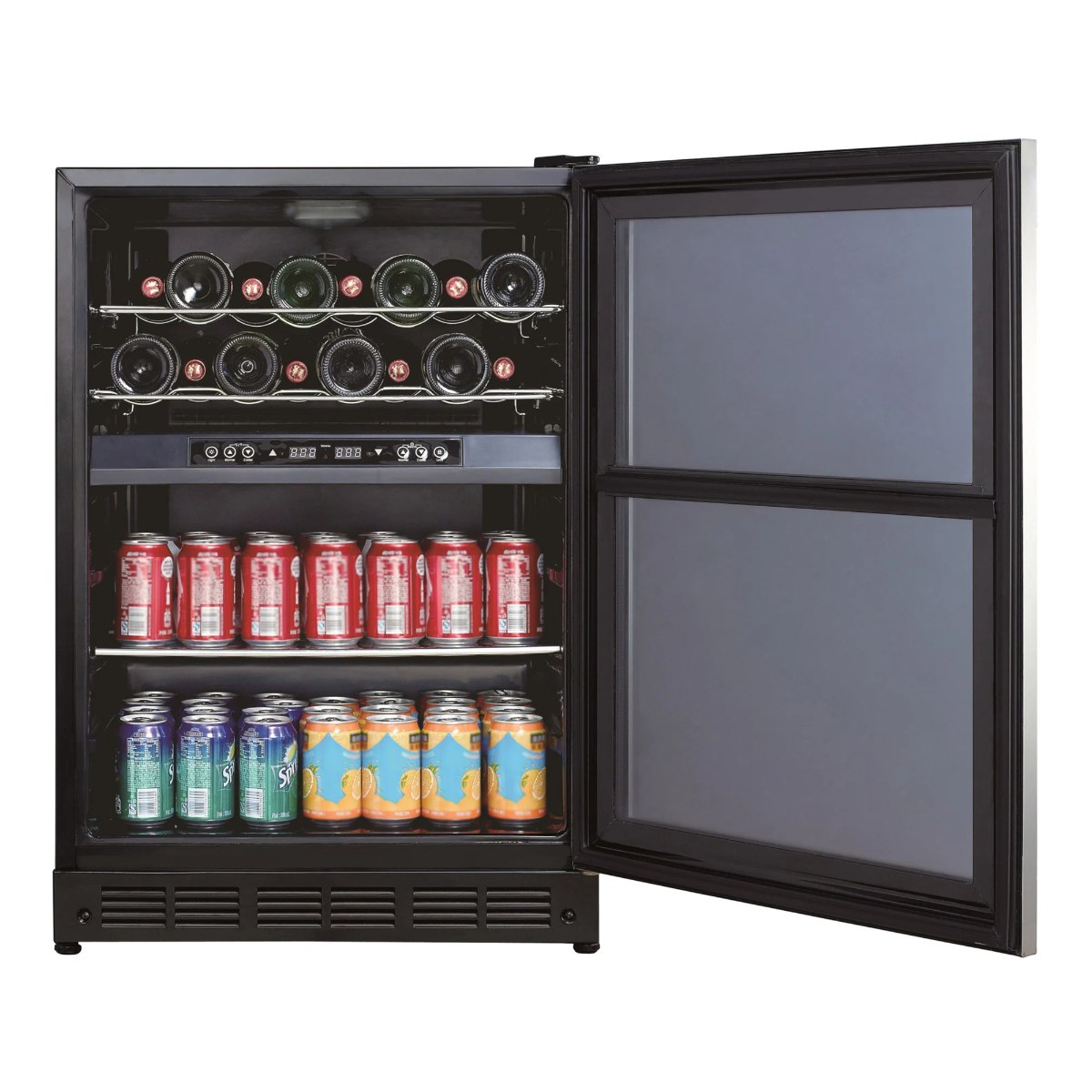 Magic Chef 44 Bottle / 140 Can Dual Zone Wine and Beverage Cooler - front view with cans and wines inside open fridge