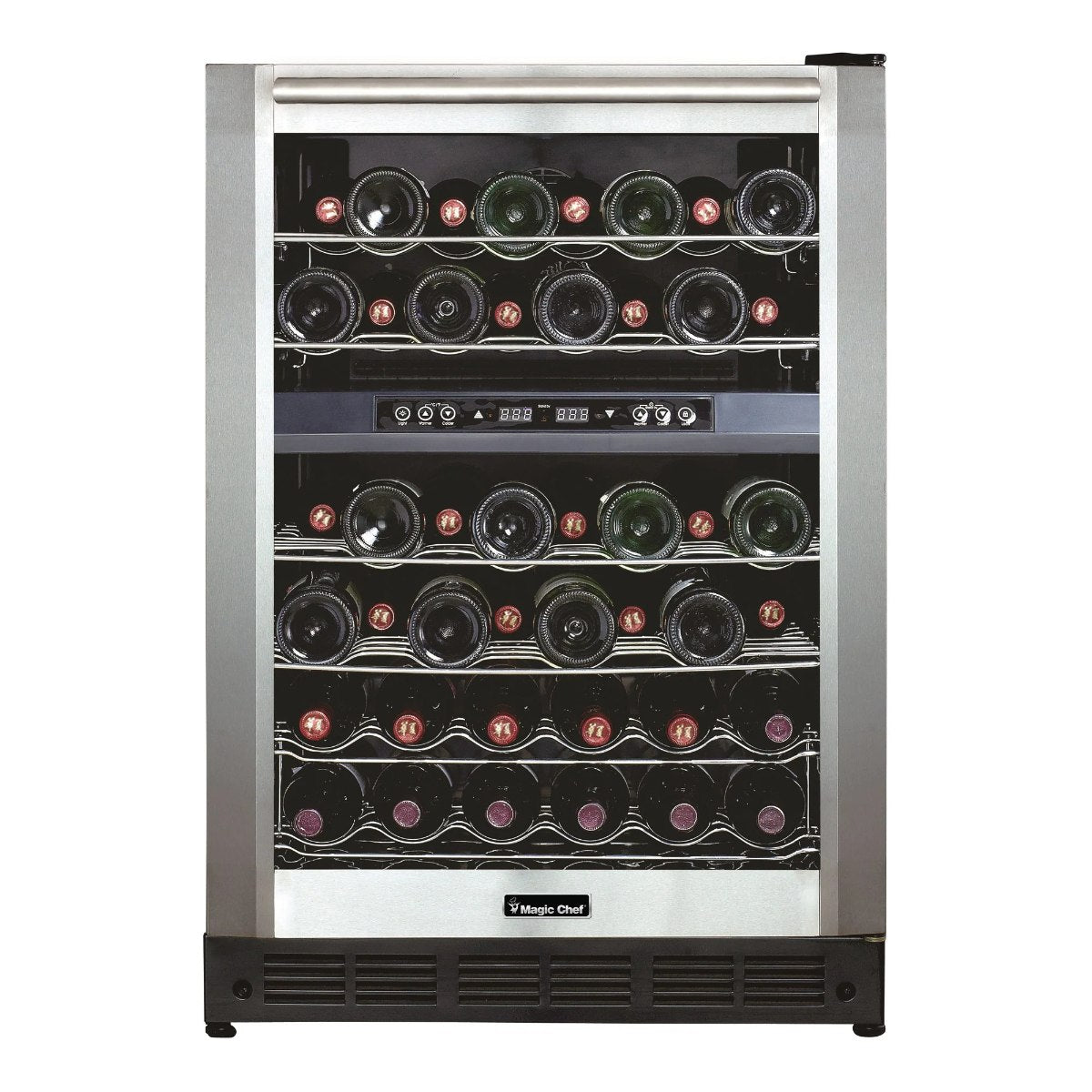 Magic Chef 44 Bottle / 140 Can Dual Zone Wine and Beverage Cooler - front view with wines inside closed fridge