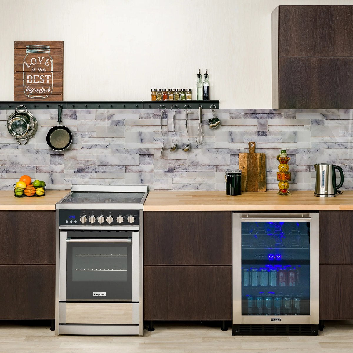 Magic Chef 44 Bottle / 140 Can Dual Zone Wine and Beverage Cooler - kitchen setup with beverage cooler and stainless steel range