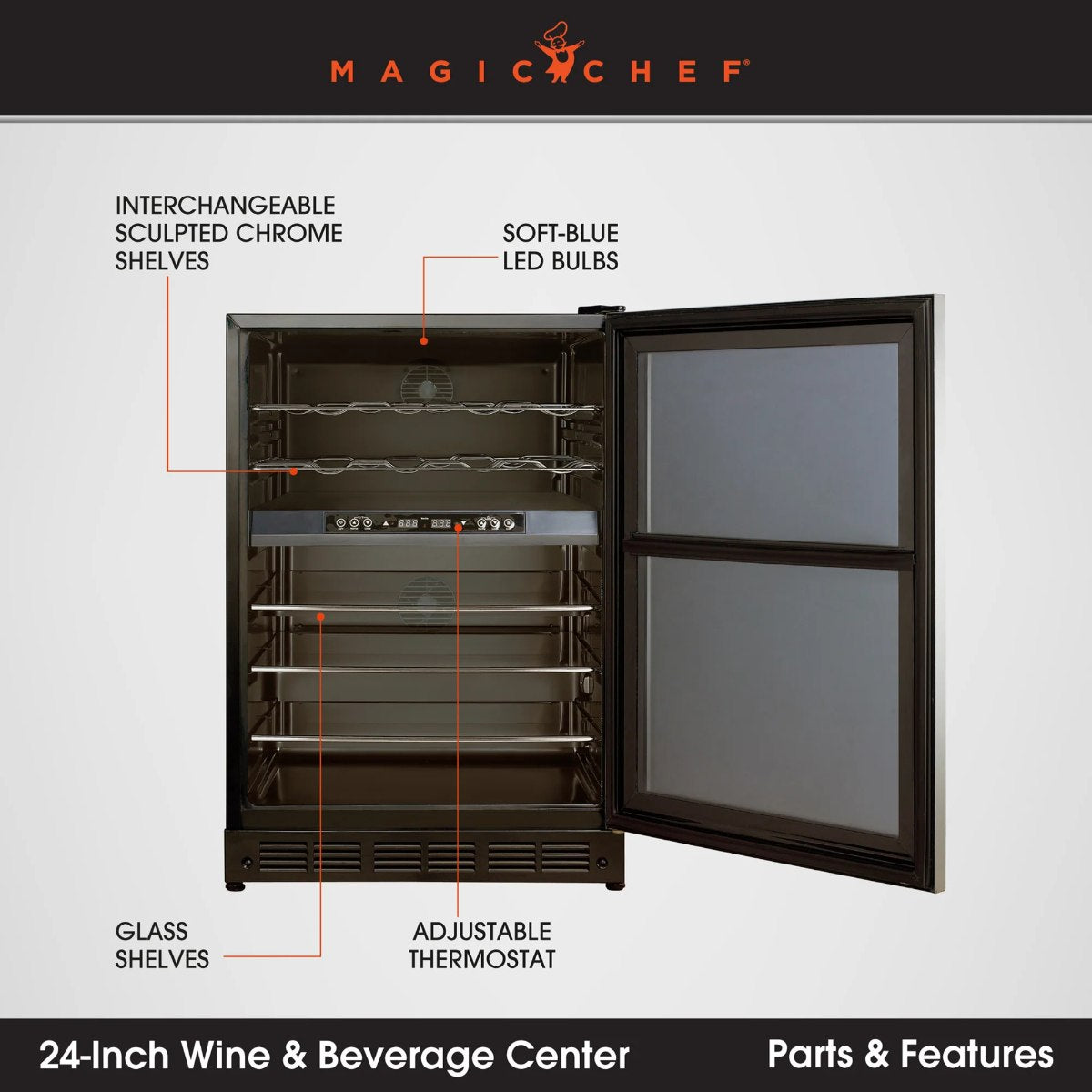 Magic Chef 44 Bottle / 140 Can Dual Zone Wine and Beverage Cooler - parts and features shown