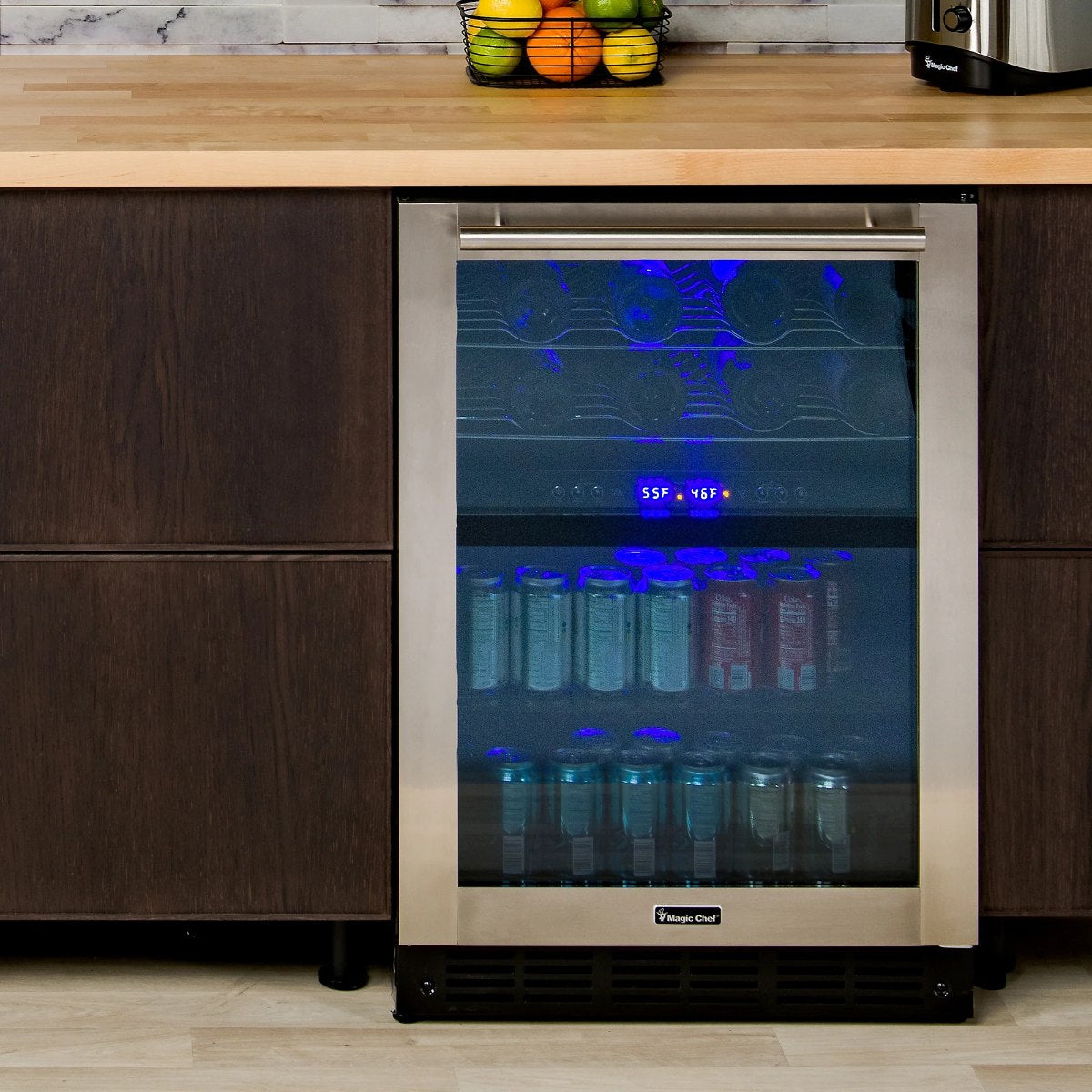 Magic Chef 44 Bottle / 140 Can Dual Zone Wine and Beverage Cooler - under-counter with blue LED lighting