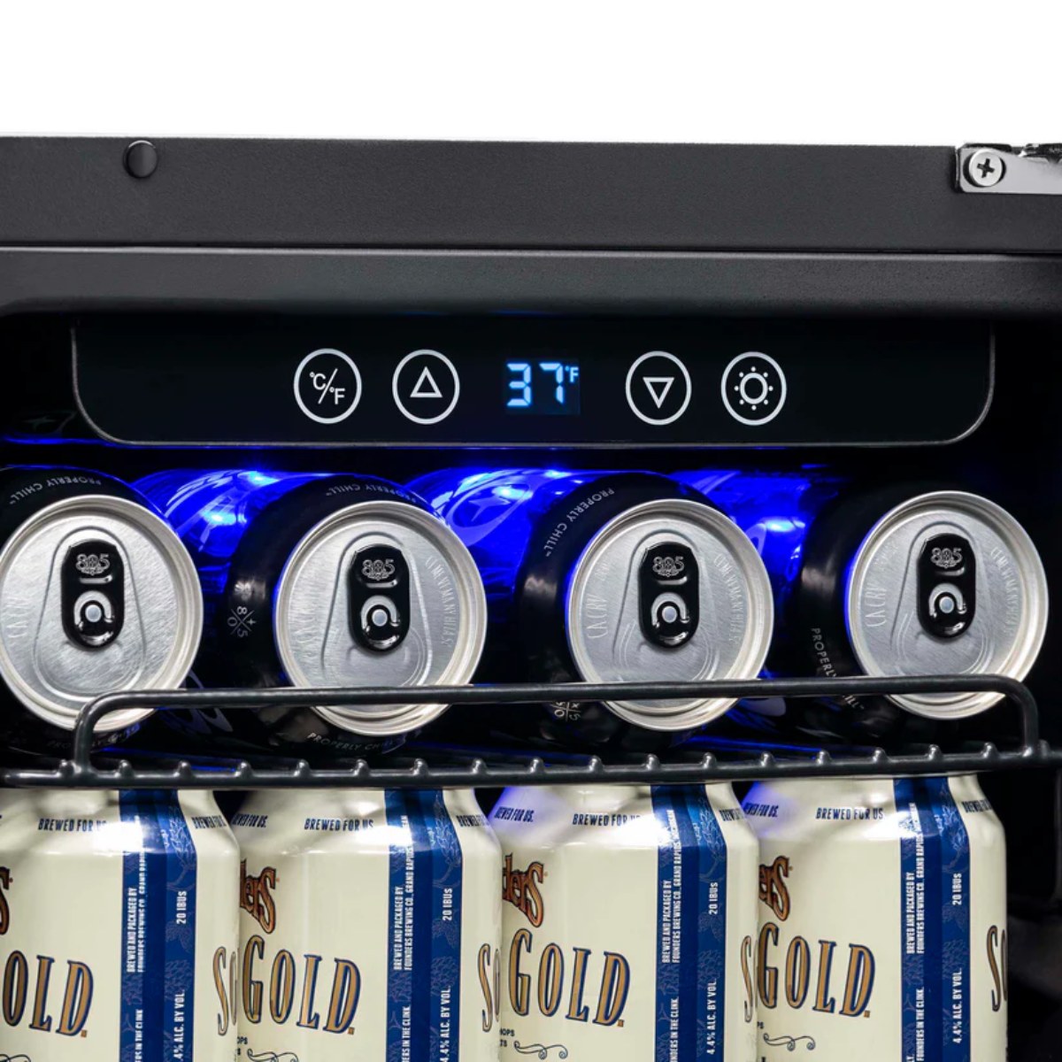 NewAir 15” Built-in 96-Can Beverage Fridge in Black Stainless Steel - Close up view of the digital thermostat with buttons