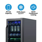 NewAir 15” Built-in 96-Can Beverage Fridge in Black Stainless Steel - Features of the fridge shown