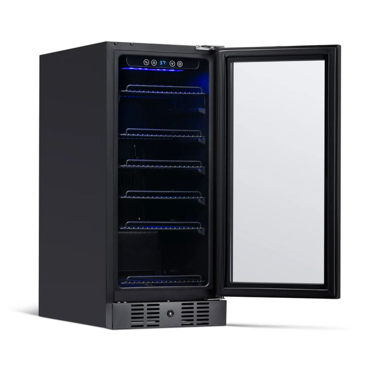 NewAir 15” Built-in 96-Can Beverage Fridge in Black Stainless Steel - Front left view empty inside open door