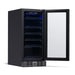 NewAir 15” Built-in 96-Can Beverage Fridge in Black Stainless Steel - Front left view empty inside open door