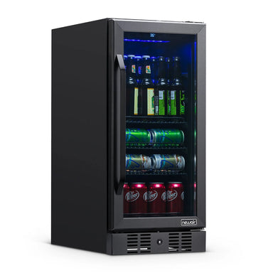 NewAir 15” Built-in 96-Can Beverage Fridge in Black Stainless Steel - Front left view loaded inside closed door