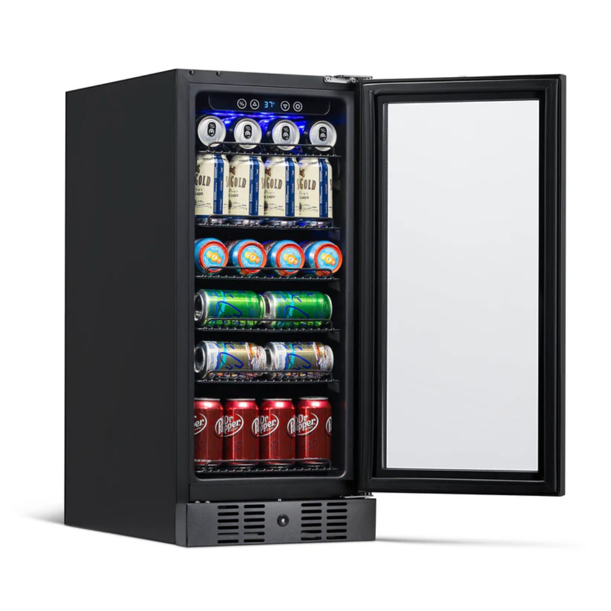 NewAir 15” Built-in 96-Can Beverage Fridge in Black Stainless Steel - Front left view loaded inside open door