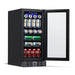 NewAir 15” Built-in 96-Can Beverage Fridge in Black Stainless Steel - Front left view loaded inside open door