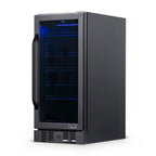 NewAir 15” Built-in 96-Can Beverage Fridge in Black Stainless Steel - Front right view empty inside closed door