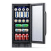NewAir 15” Built-in 96-Can Beverage Fridge in Black Stainless Steel - Front view loaded inside open door