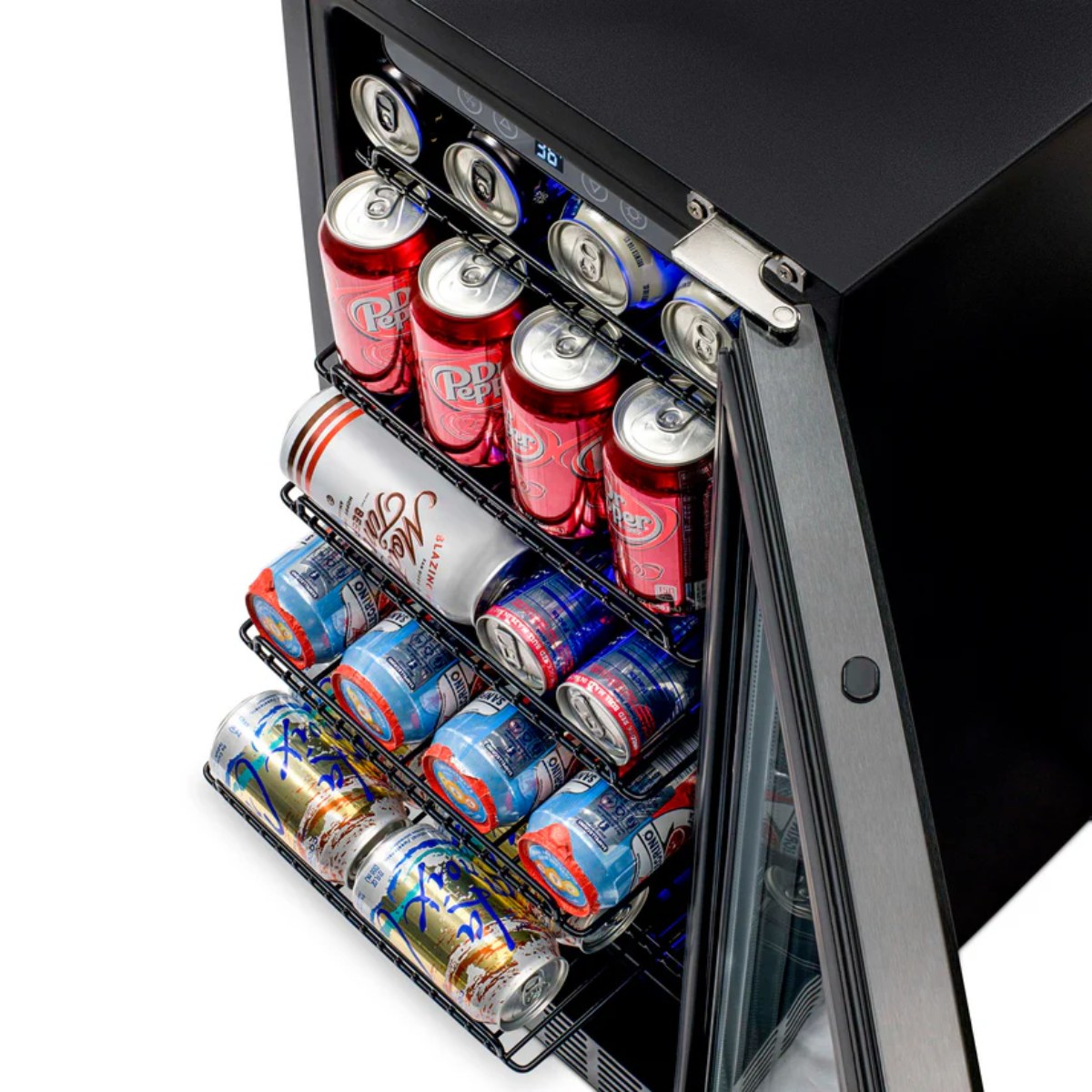 NewAir 15” Built-in 96-Can Beverage Fridge in Black Stainless Steel - Top view of the fridge showing racks with can beverages