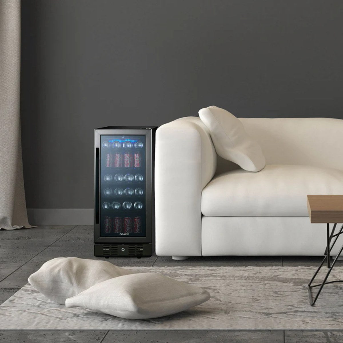 NewAir 15” Built-in 96-Can Beverage Fridge in Black Stainless Steel - fridge beside a white sofa in a modern living room