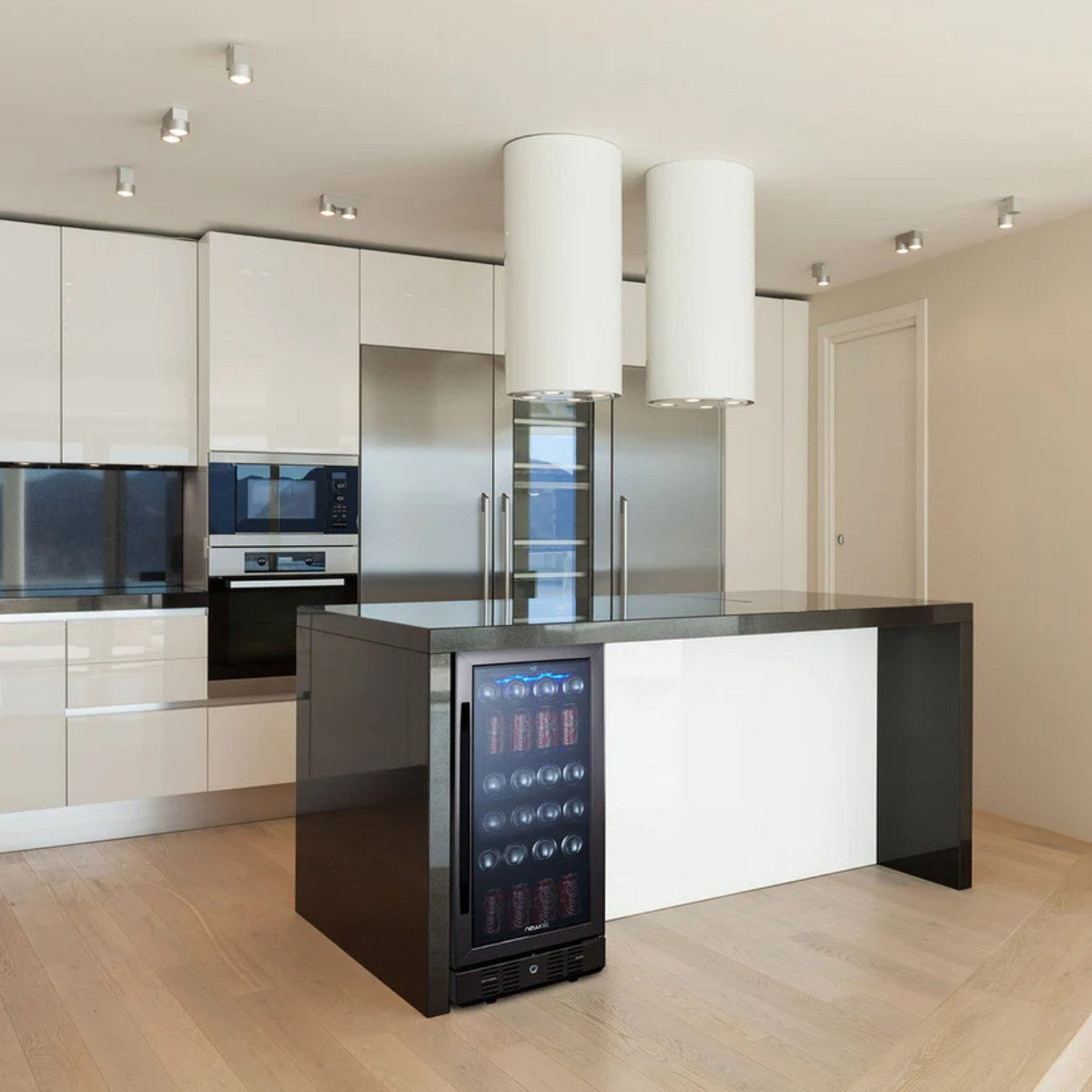 NewAir 15” Built-in 96-Can Beverage Fridge in Black Stainless Steel - fridge built into a modern kitchen island