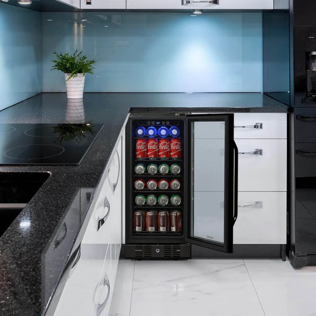 NewAir 15” Built-in 96-Can Beverage Fridge in Black Stainless Steel - fridge stocked with drinks in a sleek kitchen