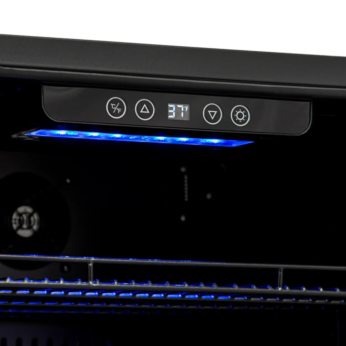 NewAir 177-Can Built-In Beverage Fridge – 24" Stainless Steel - Close up view of the digital thermostat with buttons