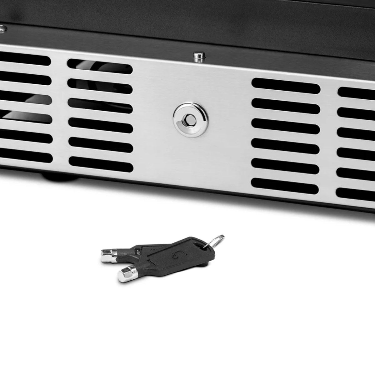 NewAir 177-Can Built-In Beverage Fridge – 24" Stainless Steel - Close up view of the lock and keys