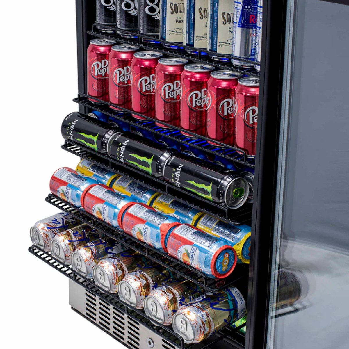 NewAir 177-Can Built-In Beverage Fridge – 24" Stainless Steel - Closeup view of the fridge showing racks with beverage cans