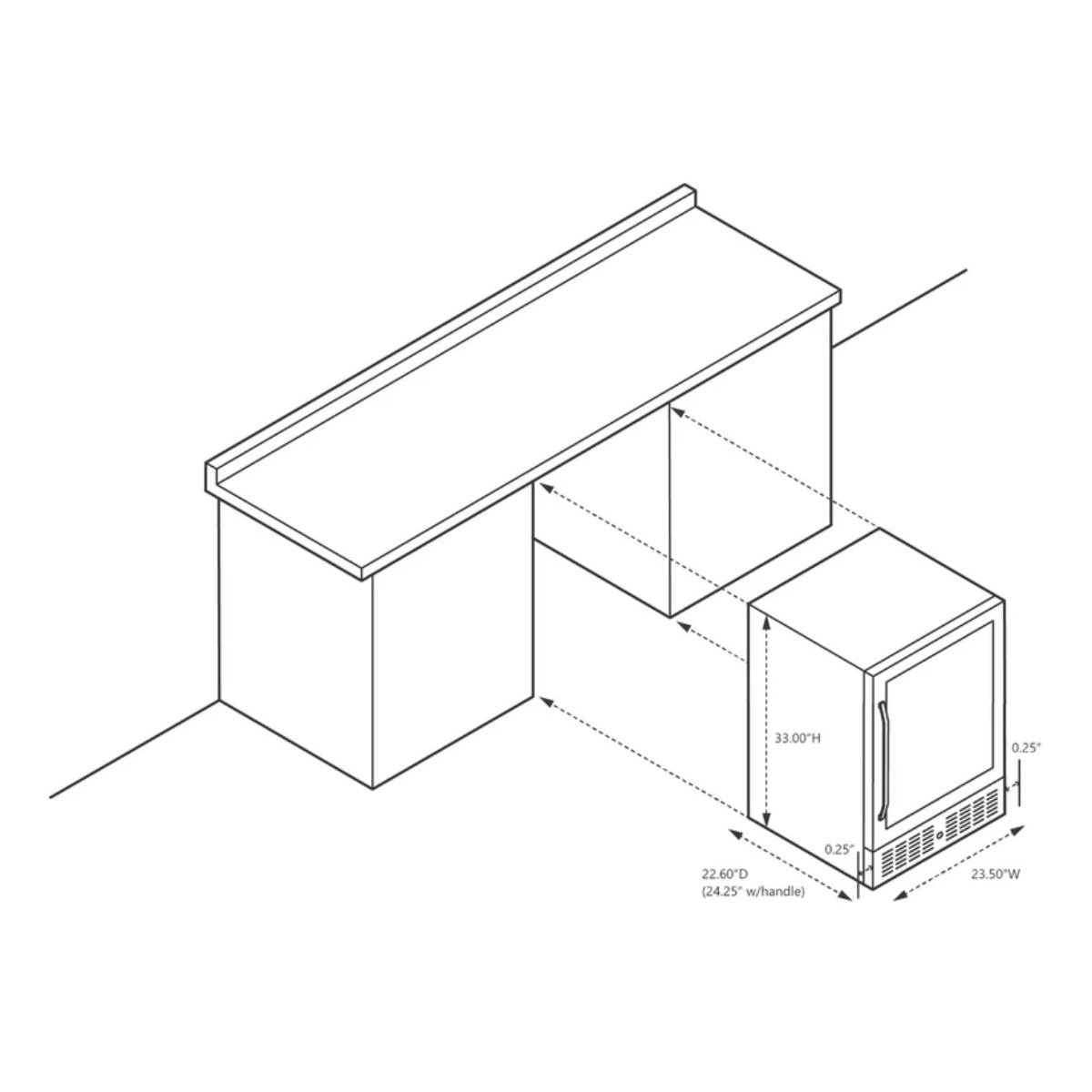 NewAir 177-Can Built-In Beverage Fridge – 24" Stainless Steel - Dimensions of the fridge shown for built in configuration