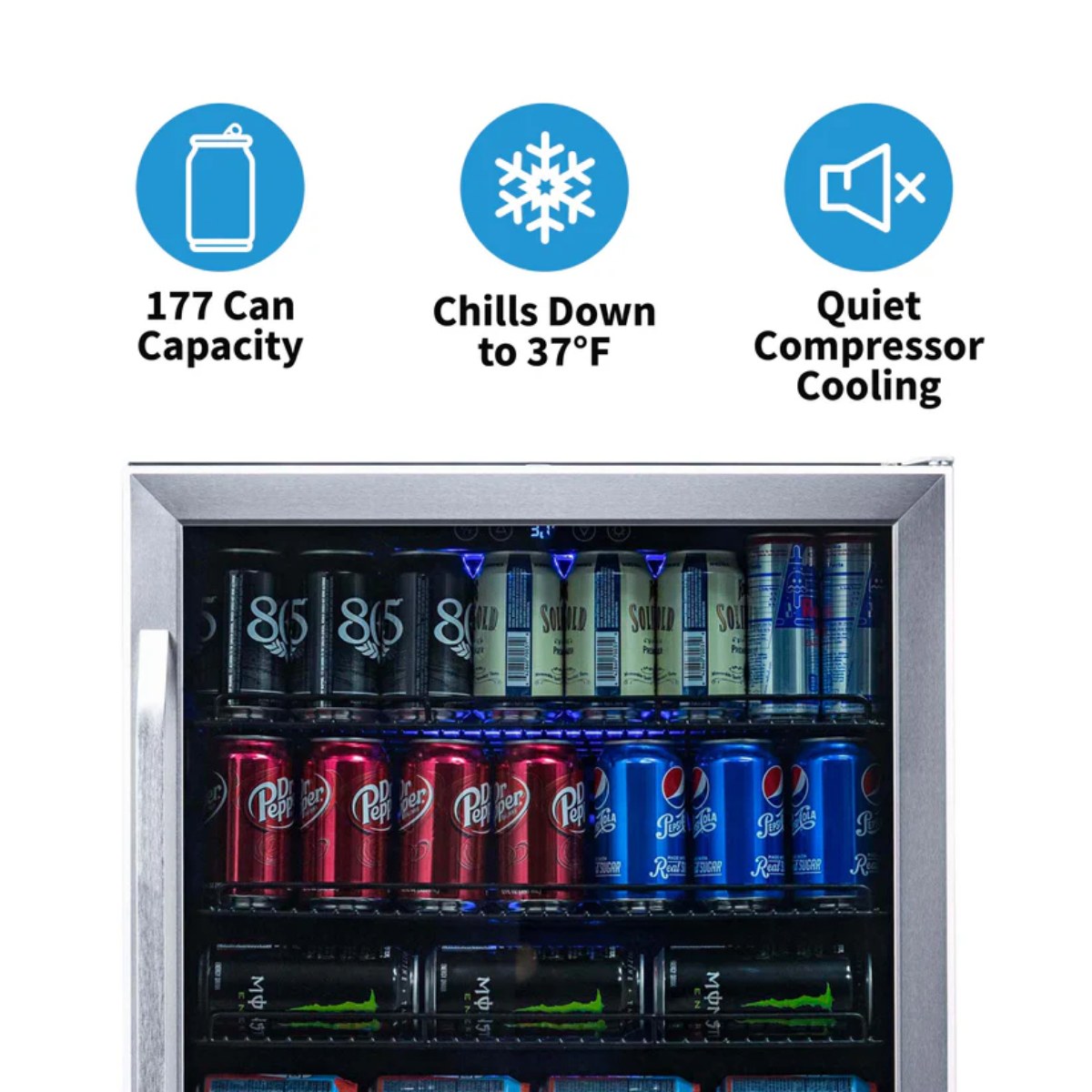 NewAir 177-Can Built-In Beverage Fridge – 24" Stainless Steel - Features of the fridge shown