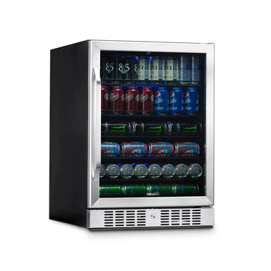 NewAir 177-Can Built-In Beverage Fridge – 24" Stainless Steel - Front left view loaded inside closed door